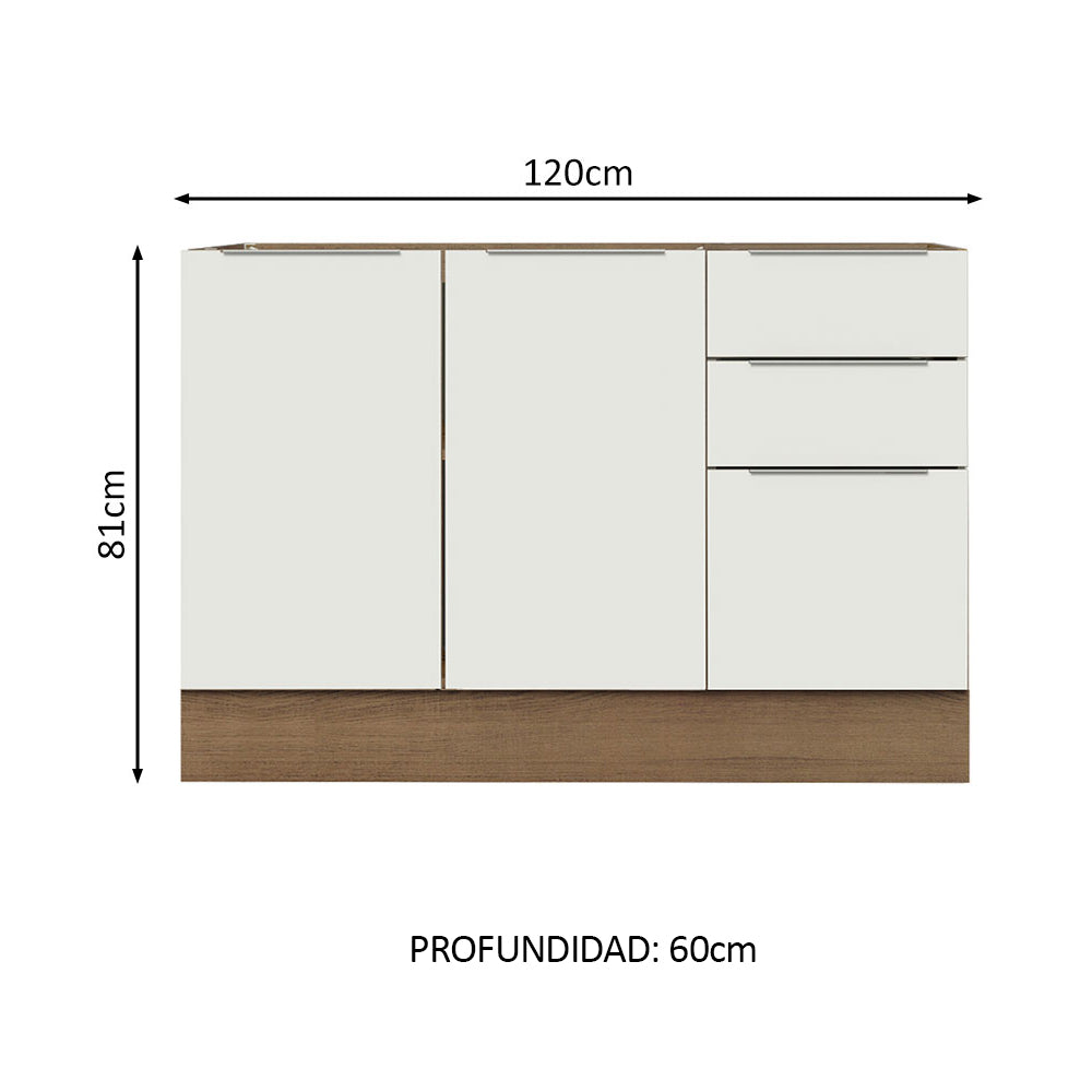 Bajo Mesada Cocina 120 x 60 cm 2 Puertas e 3 Cajones (Sin Mesada) Marrón/Blanco Stella Madesa