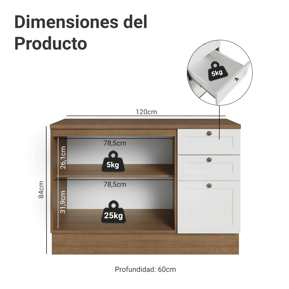 Bajo Mesada Cocina 120 x 60 cm 2 Puertas 3 Cajones (con Mesada) Marrón/Blanco Vik Madesa