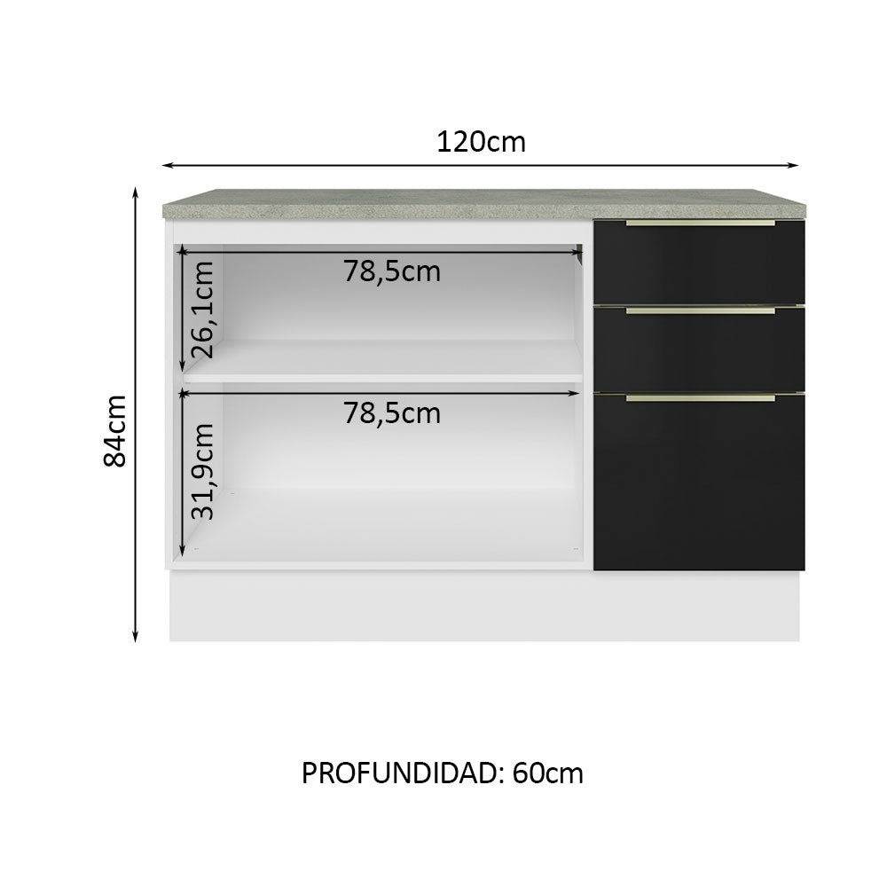 Bajo Mesada Cocina 120 cm x 60 cm, 2 Puertas 3 Cajones (Con Mesada) Lux Blanco/Negro
