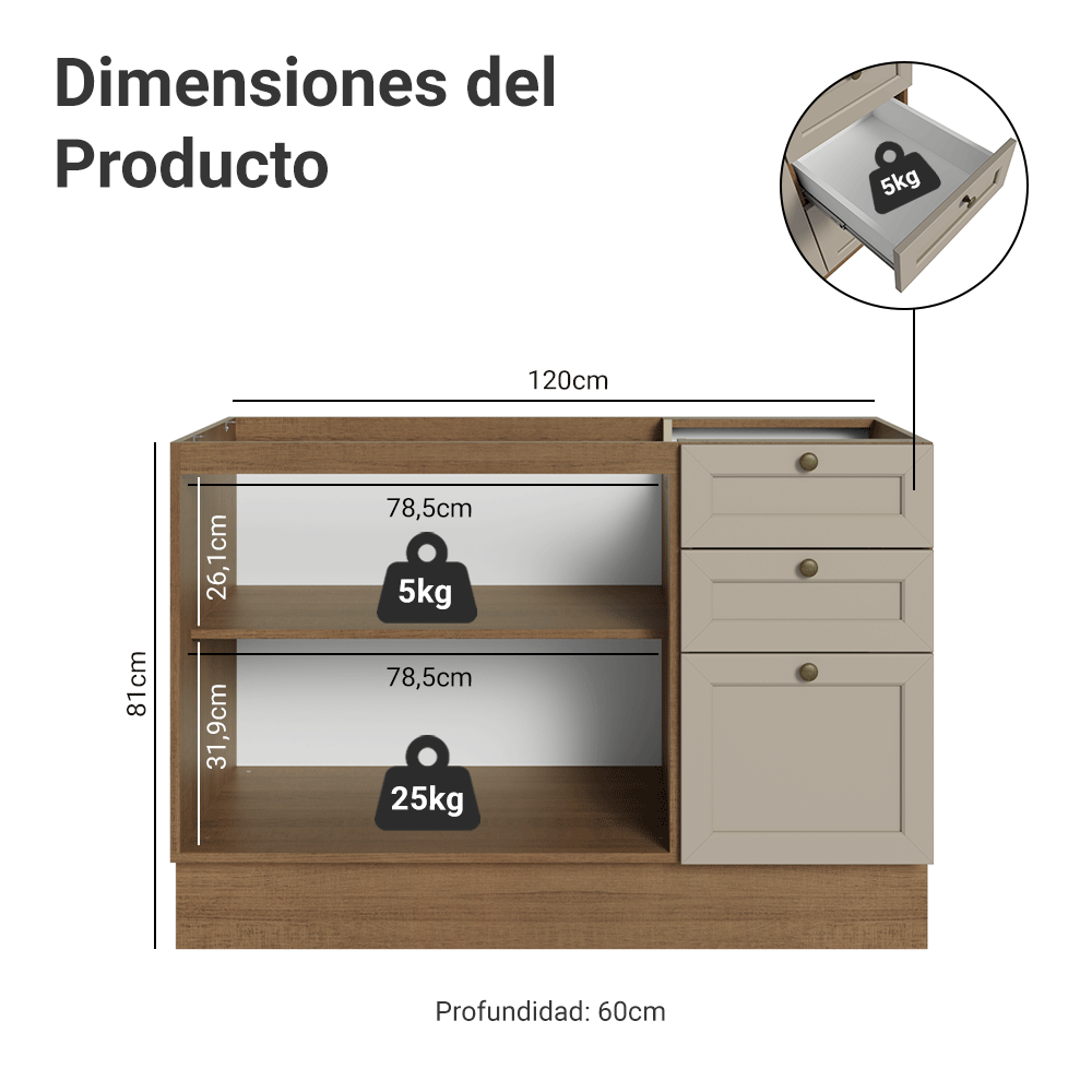 Bajo Mesada Cocina 120 x 60 cm 2 Puetas 3 Cajones (Sin Mesada) Marrón/Crema Vik Madesa