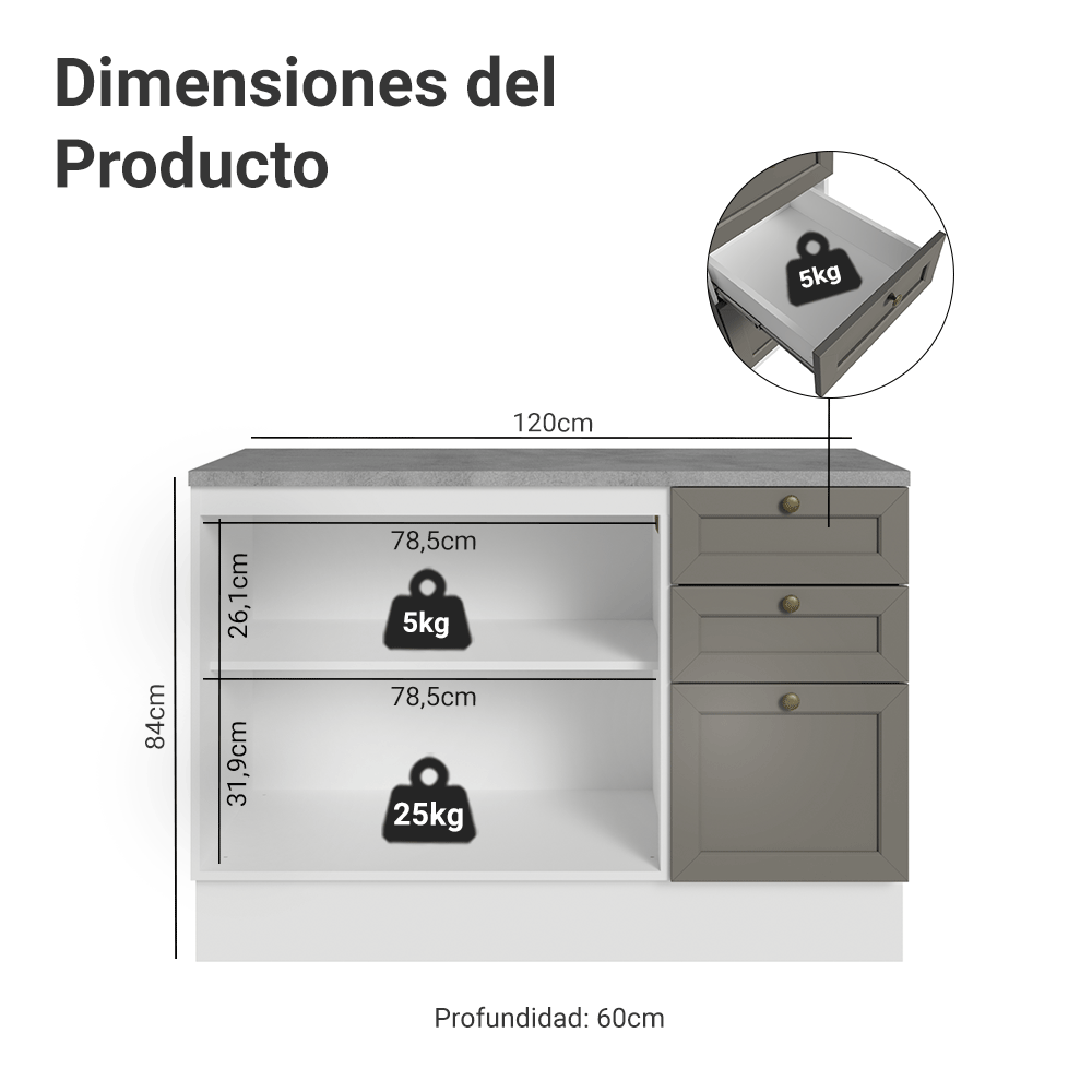 Bajo Mesada Cocina 120 x 60 cm 2 Puertas 3 Cajones (con Mesada) Blanco/Gris Vik Madesa