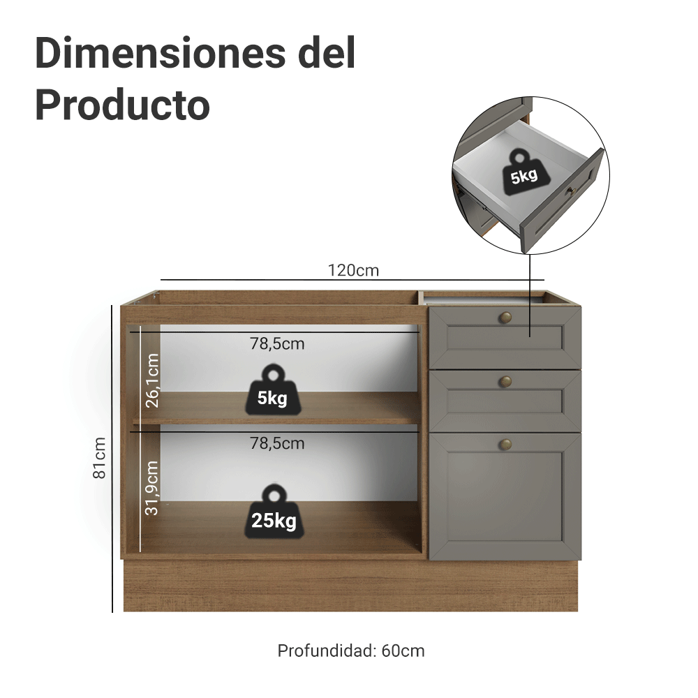 Bajo Mesada Cocina 120 x 60 cm 2 Puertas 3 Cajones (Sin Mesada) Marrón/Gris Vik Madesa
