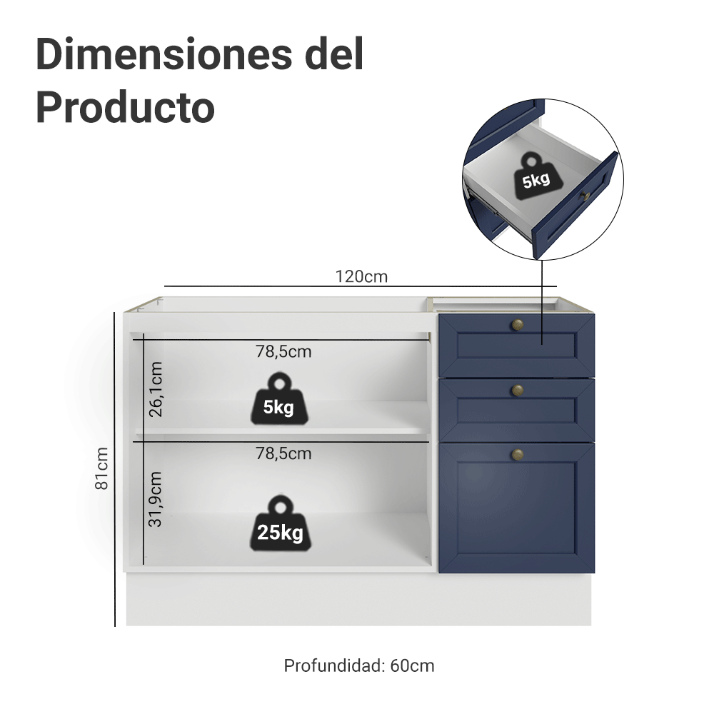 Bajo Mesada Cocina 120 x 60 cm 2 Puertas 3 Cajones (Sin Mesada) Blanco/Azul Vik Madesa