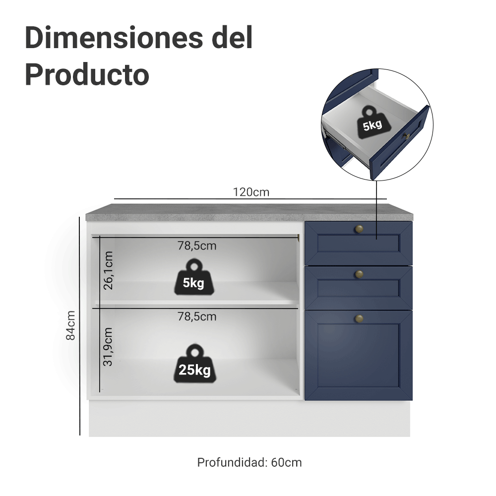 Bajo Mesada Cocina 120 x 60 cm 2 Puertas 3 Cajones (con Mesada) Blanco/Azul Vik Madesa