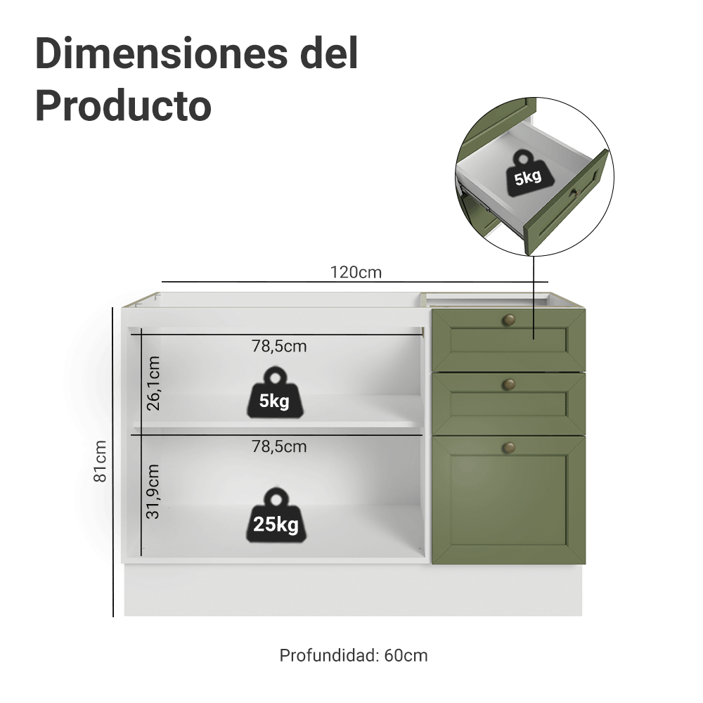Bajo Mesada Cocina 120 x 60 cm 2 Puertas 3 Cajones (Sin Mesada) Blanco/Verde Vik Madesa