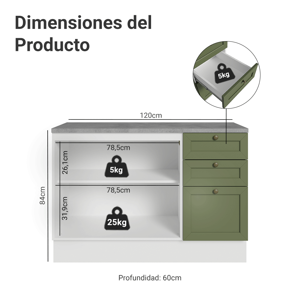 Bajo Mesada Cocina 120 x 60 cm 2 Puertas 3 Cajones (con Mesada) Blanco/Verde Vik Madesa
