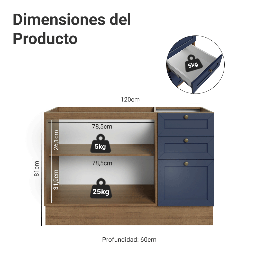 Bajo Mesada Cocina 120 x 60 cm 2 Puertas 3 Cajones (Sin Mesada) Marrón/Azul Vik Madesa