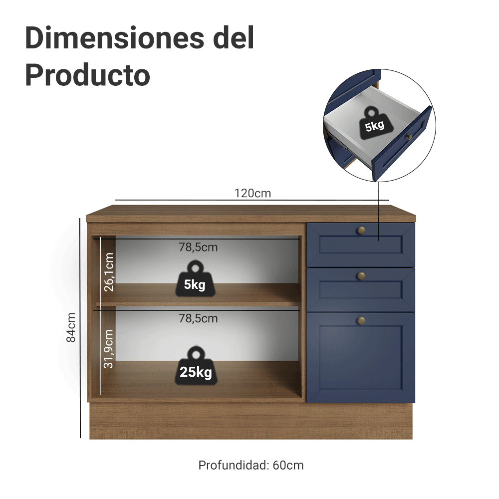 Bajo Mesada Cocina 120 x 60 cm 2 Puertas 3 Cajones (con Mesada) Marrón/Azul Vik Madesa