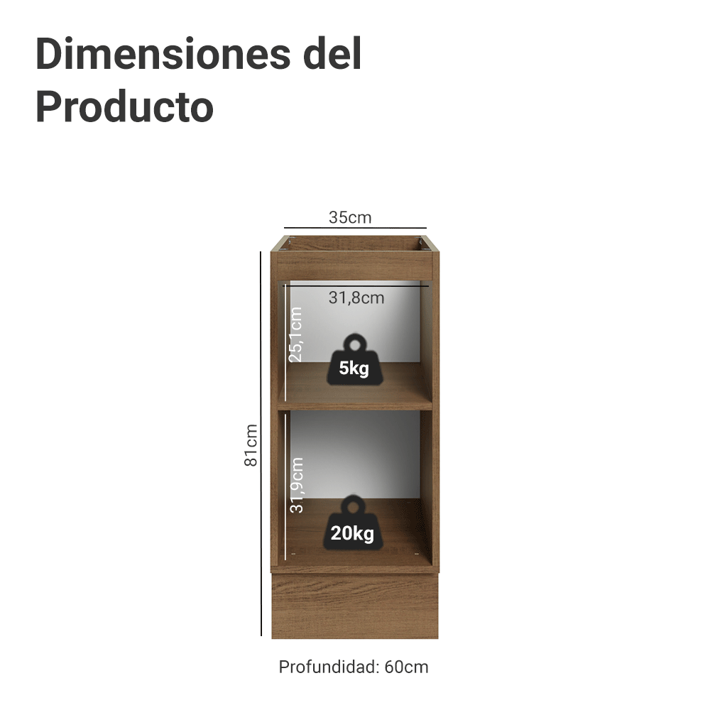 Bajo Mesada de Cocina 35 x 60 cm 1 Puerta (Sin Mesada) Marrón/Blanco Vik Madesa