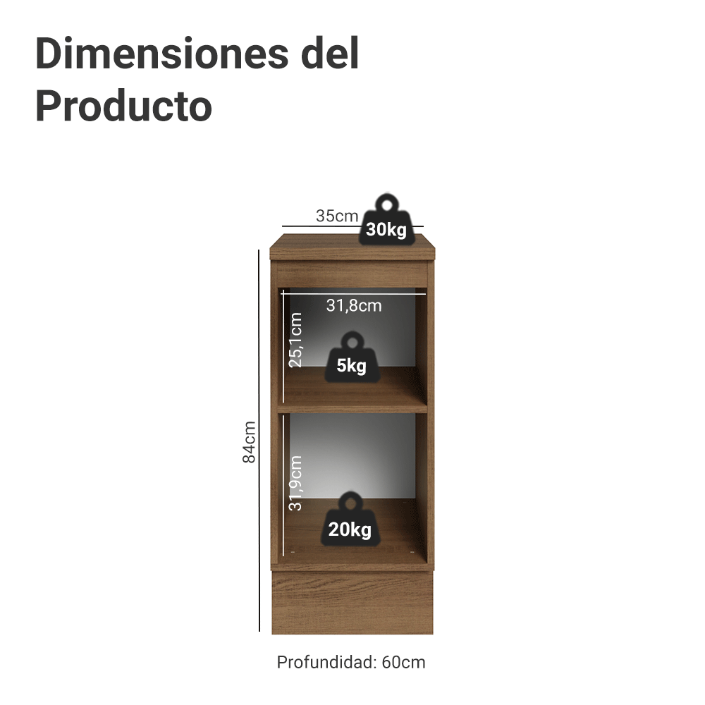 Bajo Mesada de Cocina 35 x 60 cm 1 Puerta (con Mesada) Marrón/Blanco Vik Madesa