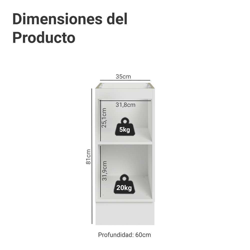 Bajo Mesada de Cocina 35 x 60 cm 1 Puerta (Sin Mesada) Blanco/Gris Vik Madesa