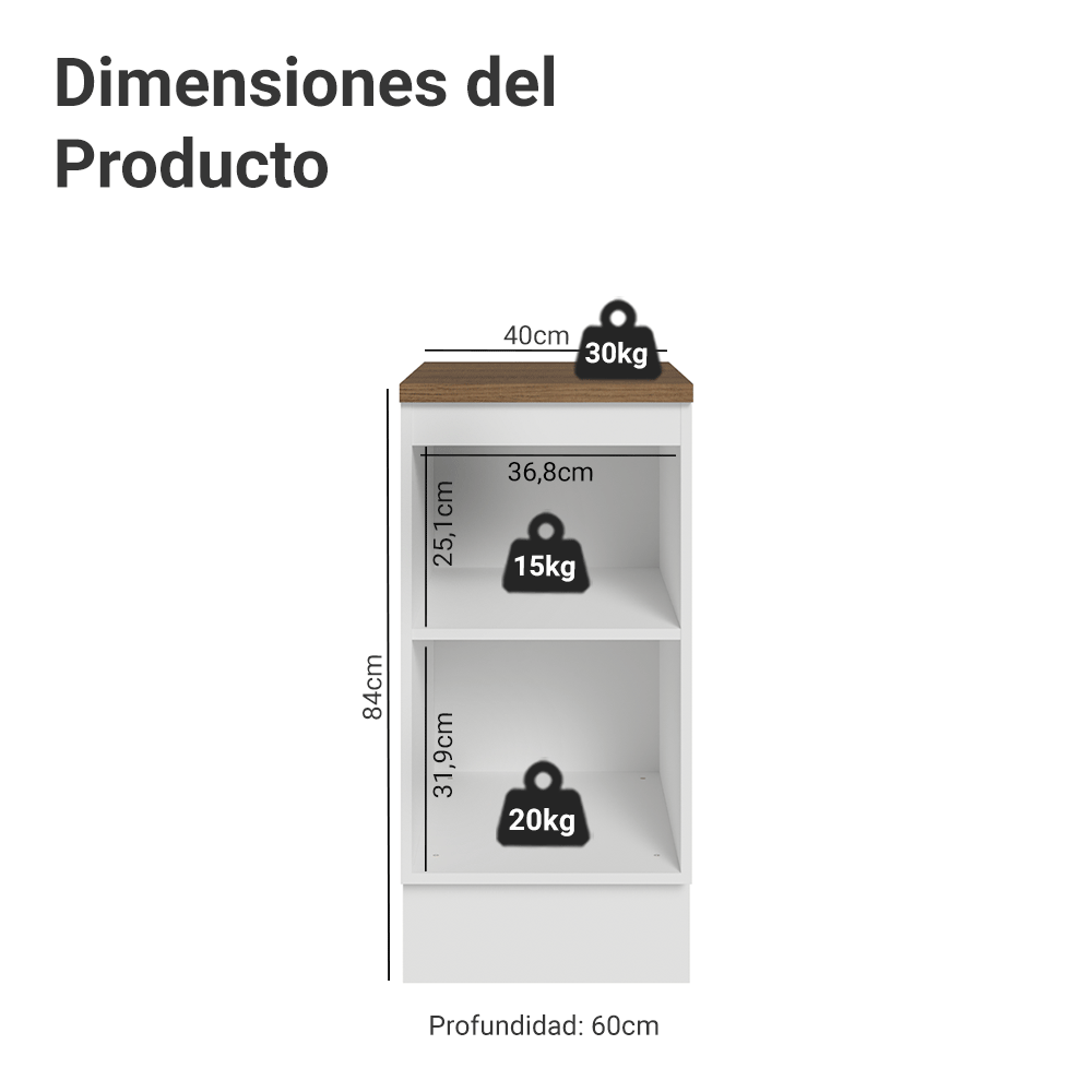 Bajo Mesada de Cocina 40 x 60 cm 1 Puerta (con Mesada) Blanco/Marrón Vik Madesa