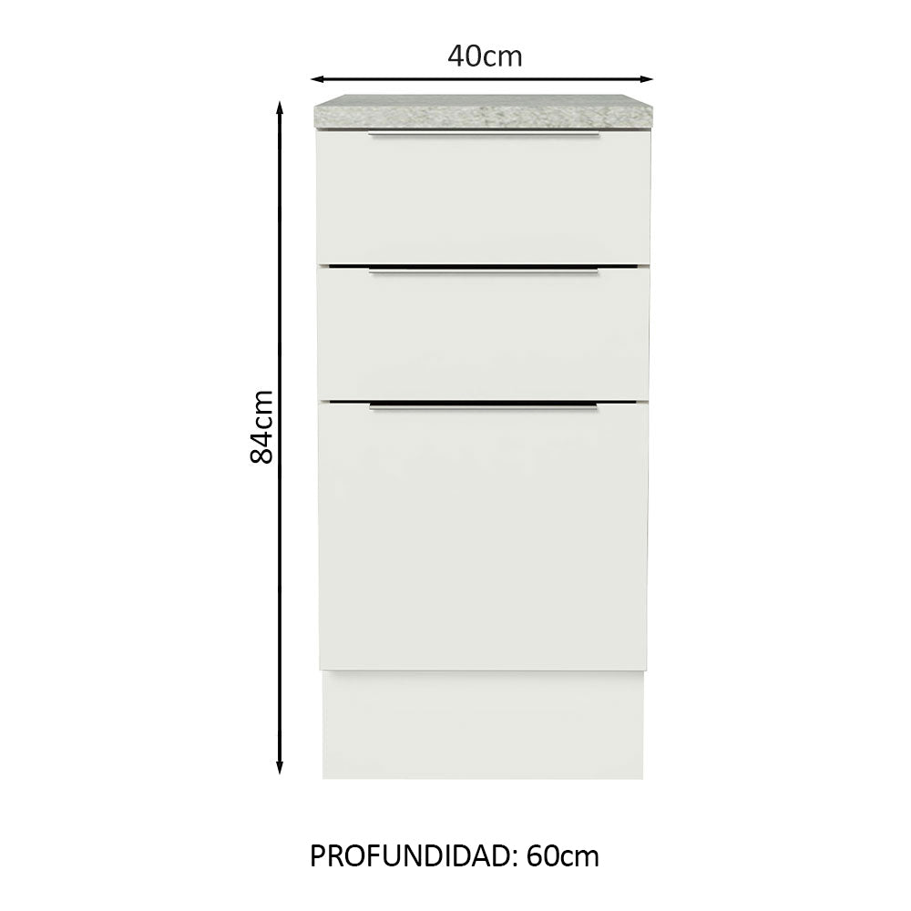 Bajo Mesada Cocina 40 x 60 cm 3 Cajones (Con Mesada) Blanco Stella Madesa