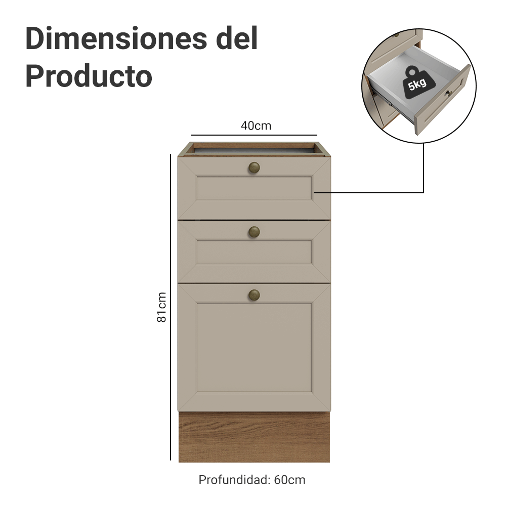 Bajo Mesada 40 x 60 cm 3 Cajones (Sin Mesada) Marrón/Crema Vik Madesa