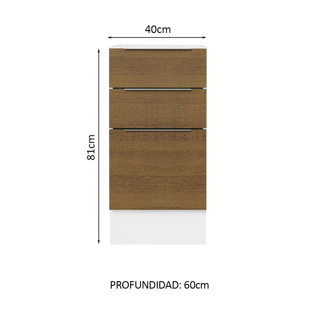 Bajo Mesada Cocina 40 x 60 cm 3 Cajones (Sin Mesada) Blanco/Marrón Stella Madesa
