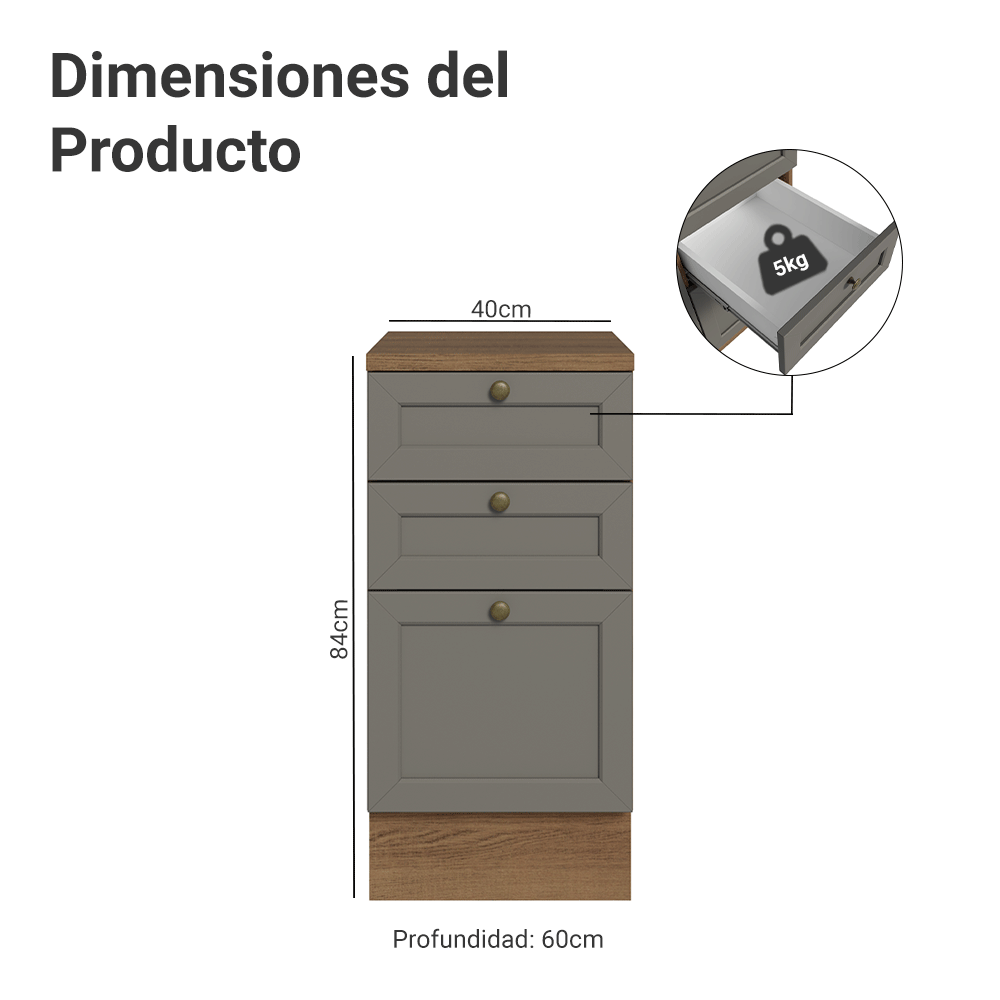 Bajo Mesada de Cocina 40 x 60 cm 3 Cajones (con Mesada) Marrón/Gris Vik Madesa