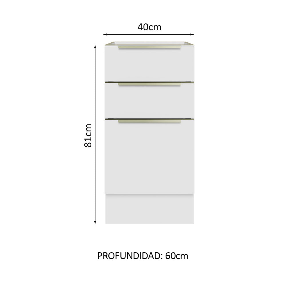 Bajo Mesada Lux 40 cm X 60cm 3 Cajones (Sin Mesada) Blanco/Blanco Aterciopelado Madesa