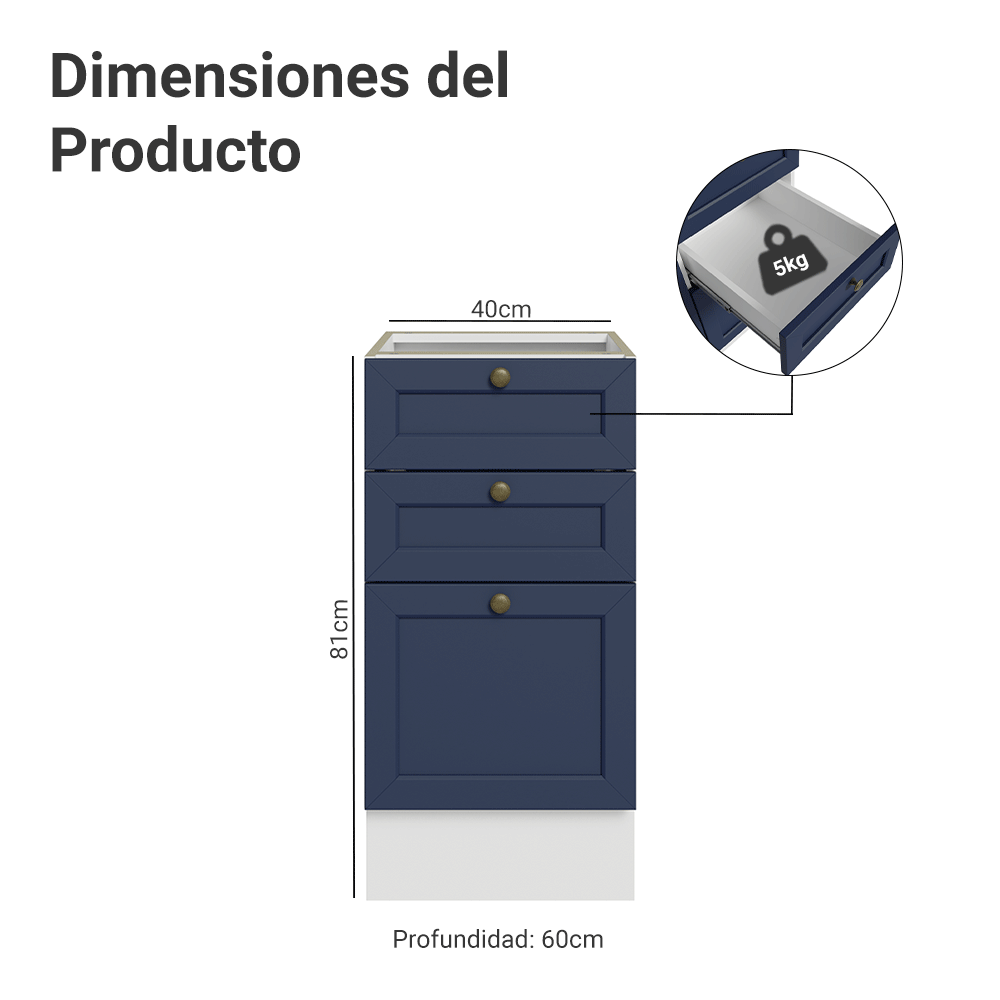 Bajo Mesada de Cocina 40 x 60 cm 3 Cajones (Sin Mesada) Blanco/Azul Vik Madesa