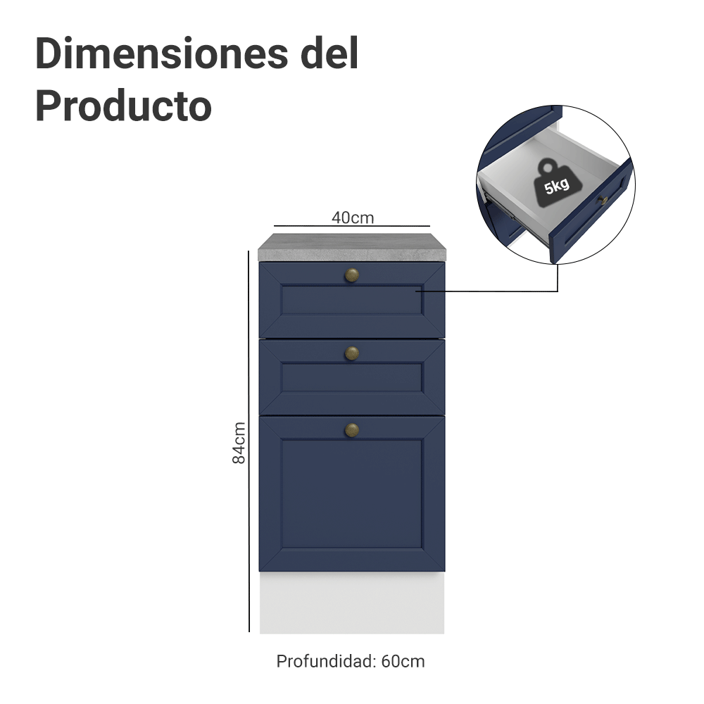 Bajo Mesada de Cocina 40 x 60 cm 3 Cajones (con Mesada) Blanco/Azul Vik Madesa