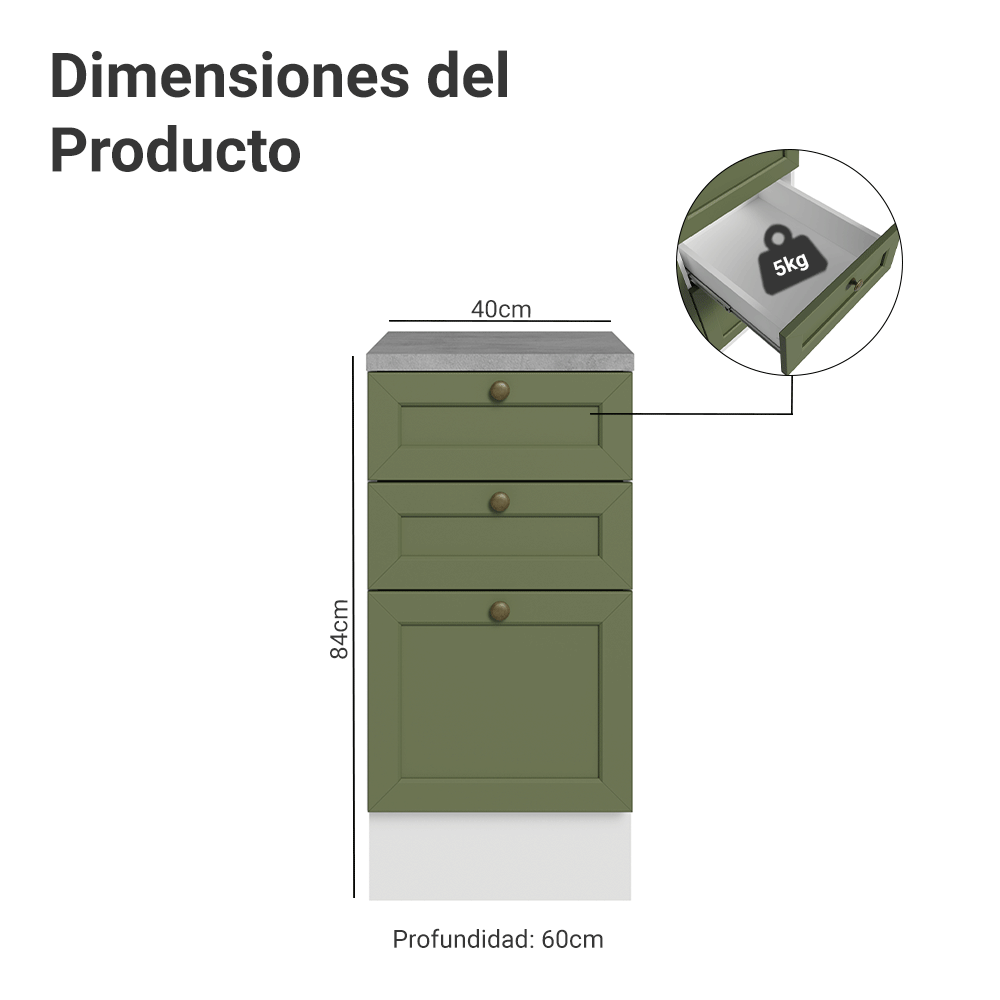 Bajo Mesada de Cocina 40 x 60 cm 3 Cajones (con Mesada) Blanco/Verde Vik Madesa