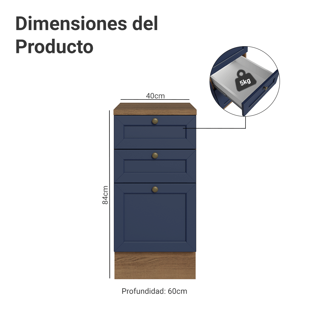 Bajo Mesada de Cocina 40 x 60 cm 3 Cajones (con Mesada) Marrón/Azul Vik Madesa