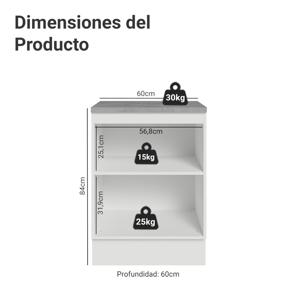 Bajo Mesada de Cocina 60 x 60 cm 1 Puerta (con Mesada) Blanco/Gris Vik Madesa