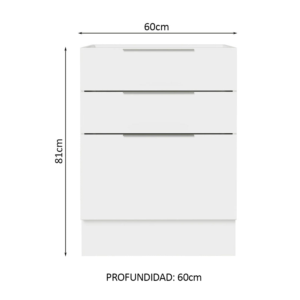 Bajo Mesada Cocina 60 x 60 cm 3 Cajones (Sin Mesada) Blanco Stella Madesa