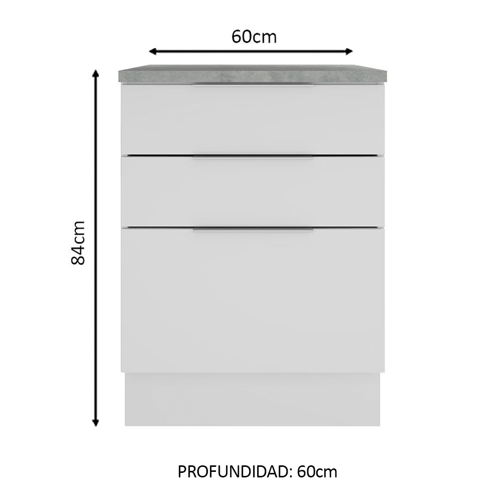 Bajo Mesada Cocina 60 x 60 cm 3 Cajones (Con Mesada) Blanco Stella Madesa