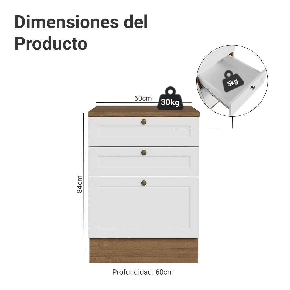Bajo Mesada de Cocina 60 x 60 cm 3 Cajones (con Mesada) Marrón/Blanco Vik Madesa