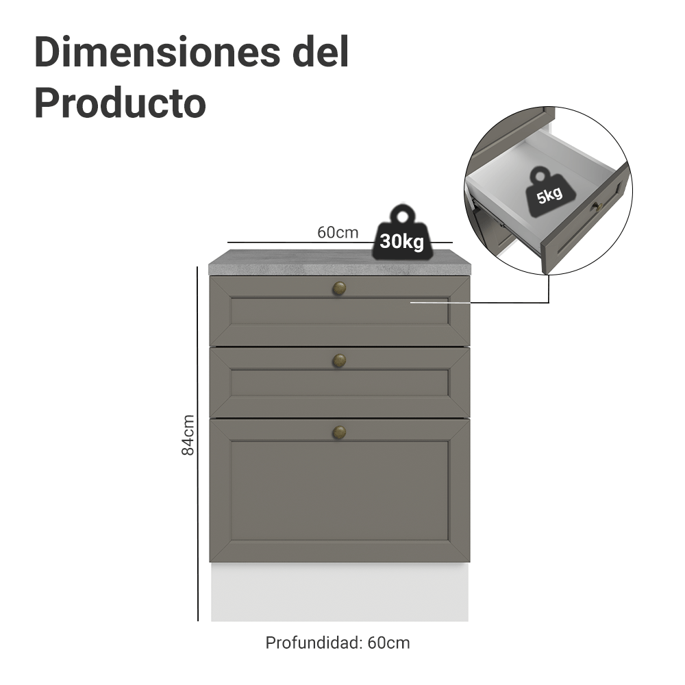 Bajo Mesada de Cocina 60 x 60 cm 3 Cajones (con Mesada) Blanco/Gris Vik Madesa