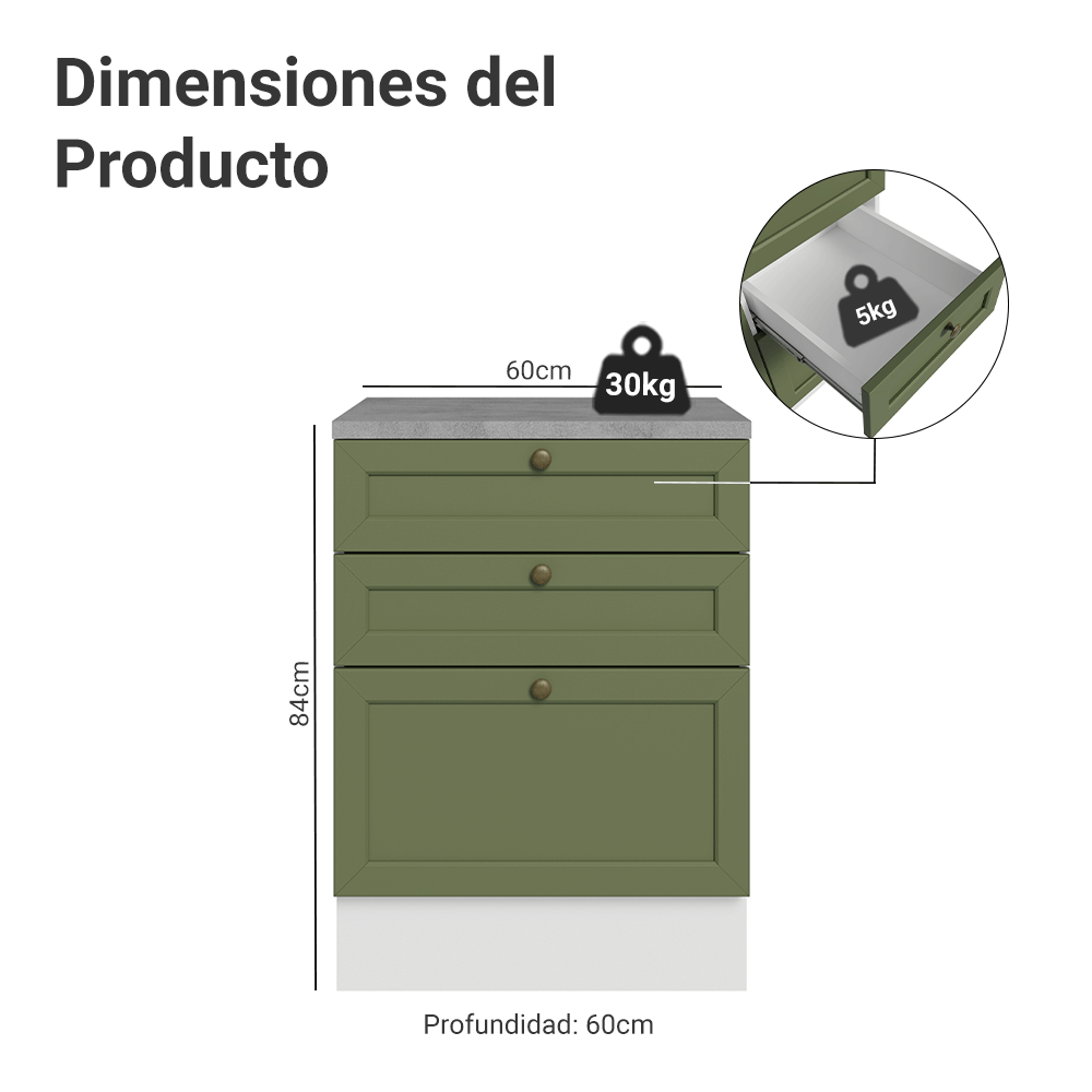 Bajo Mesada de Cocina 60 x 60 cm 3 Cajones (con Mesada) Blanco/Verde Vik Madesa