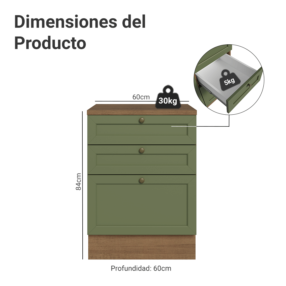 Bajo Mesada de Cocina 60 x 60 cm 3 Cajones (con Mesada) Marrón/Verde Vik Madesa