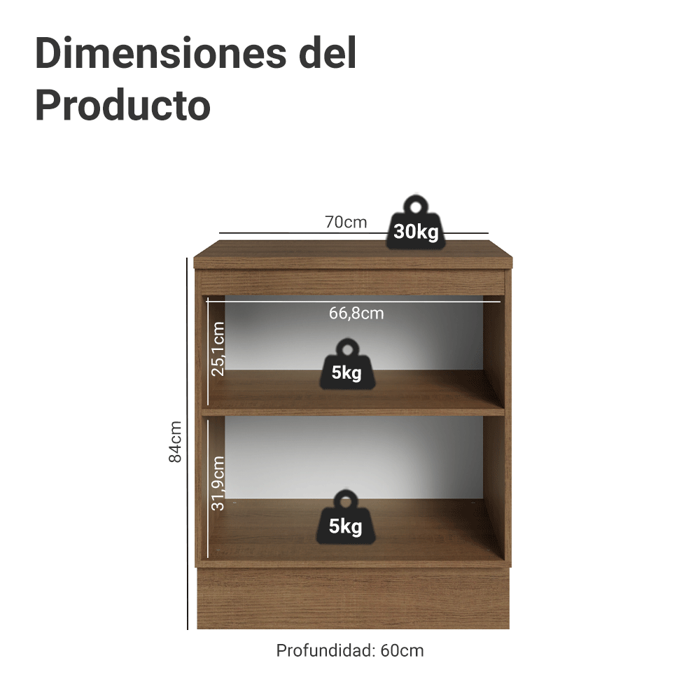 Bajo Mesada de Cocina 70 x 60 cm 2 Puertas (con Mesada) Marrón/Blanco Vik Madesa