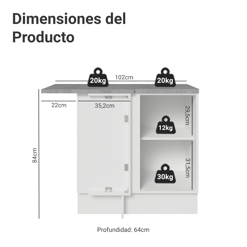 Bajo Mesada Esquinero 102 cm x 64 cm (con Mesada) Blanco Vik Madesa