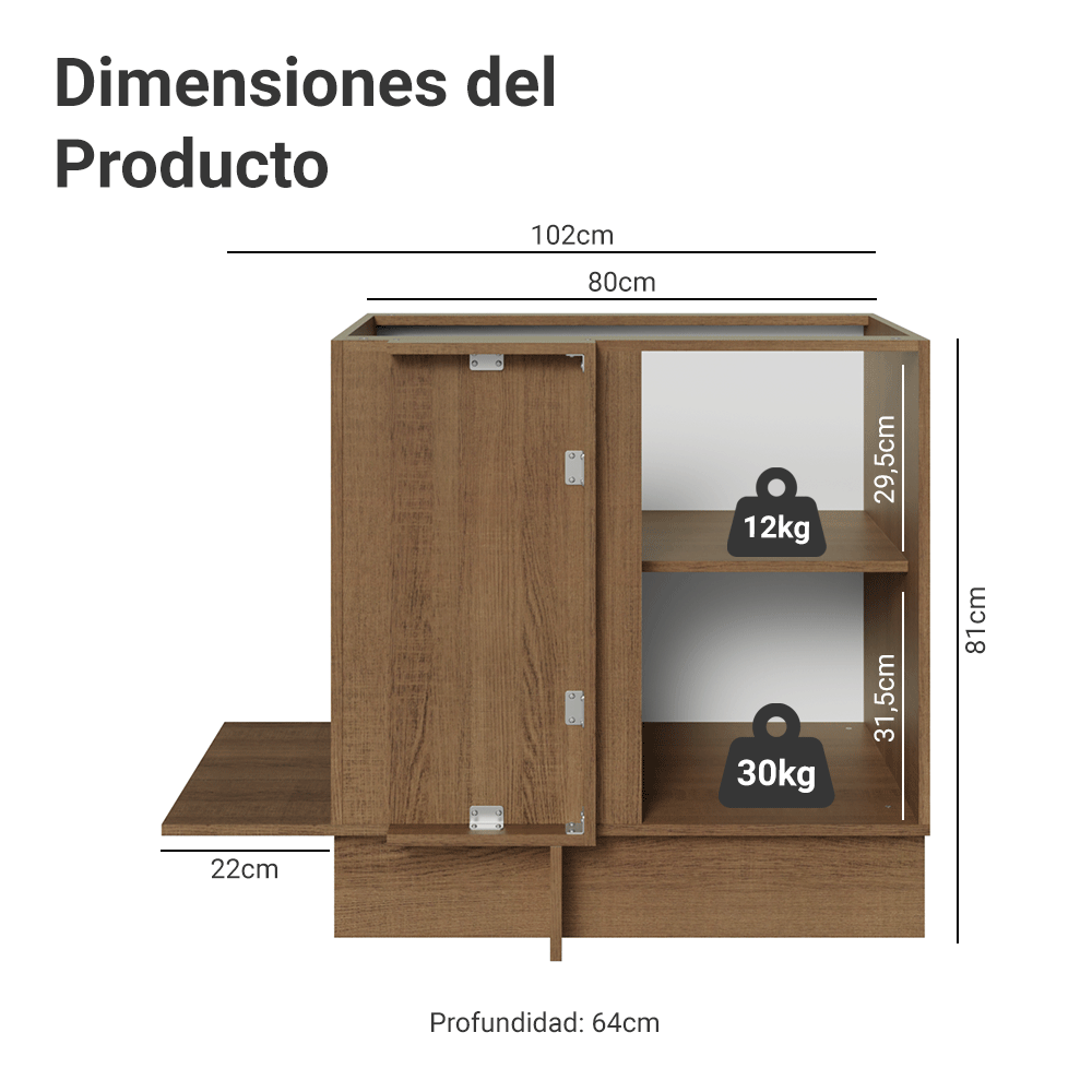Bajo Mesada Cocina Esquinera 1 Puerta 60 cm Profundidad (Sin Mesada) Marrón/Blanco Stella Madesa