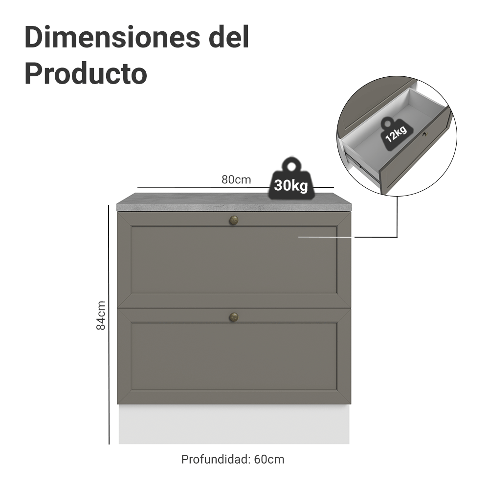 Bajo Mesada de Cocina 80 x 60 cm 2 Cajones (con Mesada) Blanco/Gris Vik Madesa