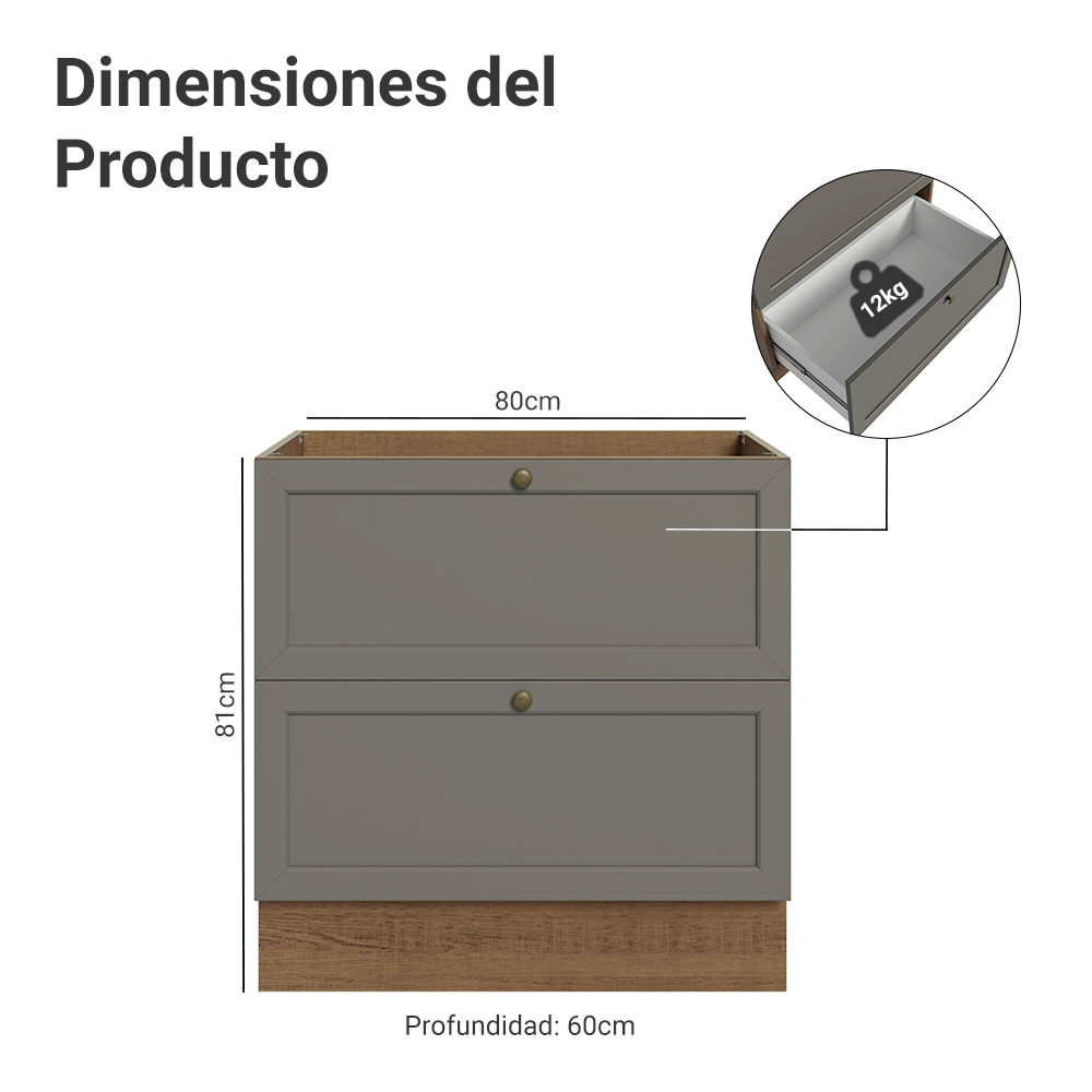 Bajo Mesada de Cocina 80 x 60 cm 2 Cajones (Sin Mesada) Marrón/Gris Vik Madesa