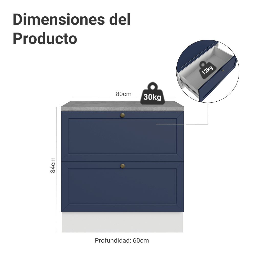 Bajo Mesada de Cocina 80 x 60 cm 2 Cajones (con Mesada) Blanco/Azul Vik Madesa