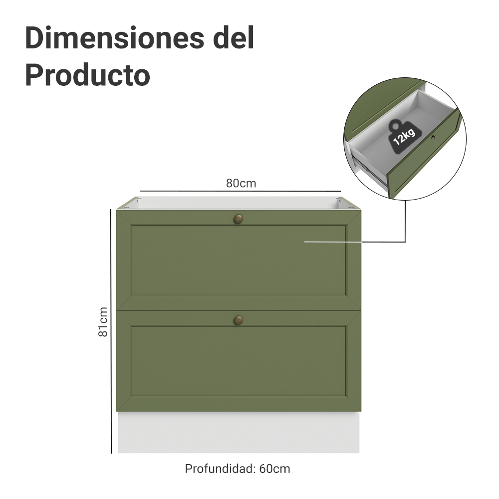 Bajo Mesada de Cocina 80 x 60 cm 2 Cajones (Sin Mesada) Blanco/Verde Vik Madesa
