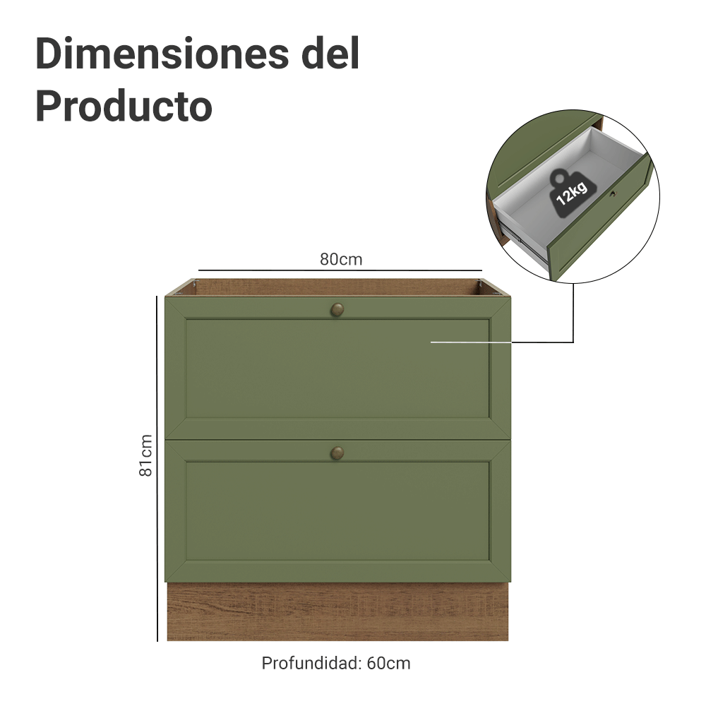 Bajo Mesada de Cocina 80 x 60 cm 2 Cajones (Sin Mesada) Marrón/Verde Vik Madesa