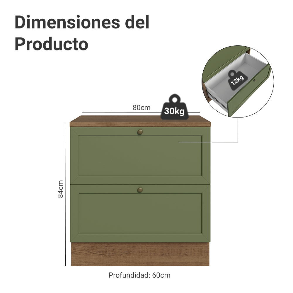 Bajo Mesada de Cocina 80 x 60 cm 2 Cajones (con Mesada) Marrón/Verde Vik Madesa