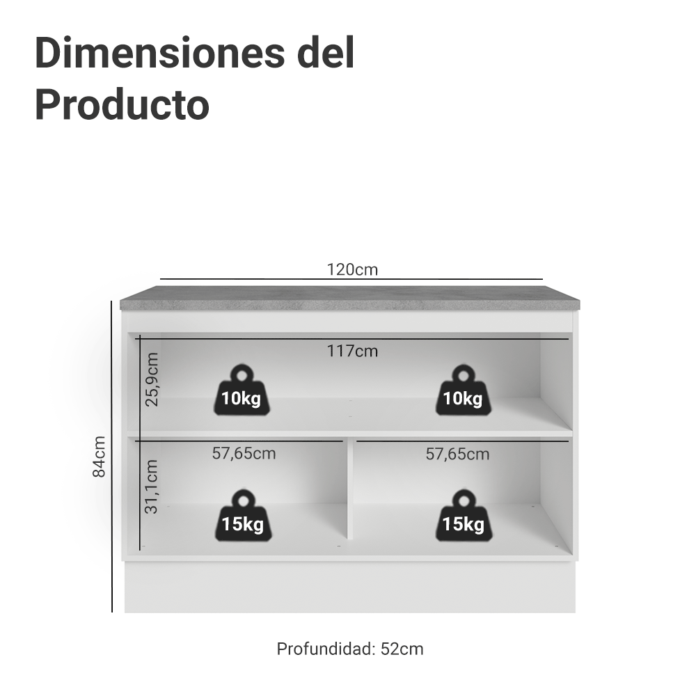 Bajo Mesada de Cocina 120 cm 2 Puertas ( Con Mesada) Blanco Vik Madesa