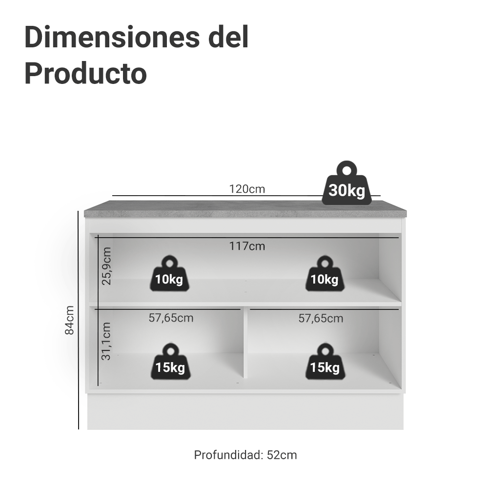 Bajo Mesada de Cocina 120 cm 2 Puetas (Con Mesada) Blanco/Negro Lux Madesa