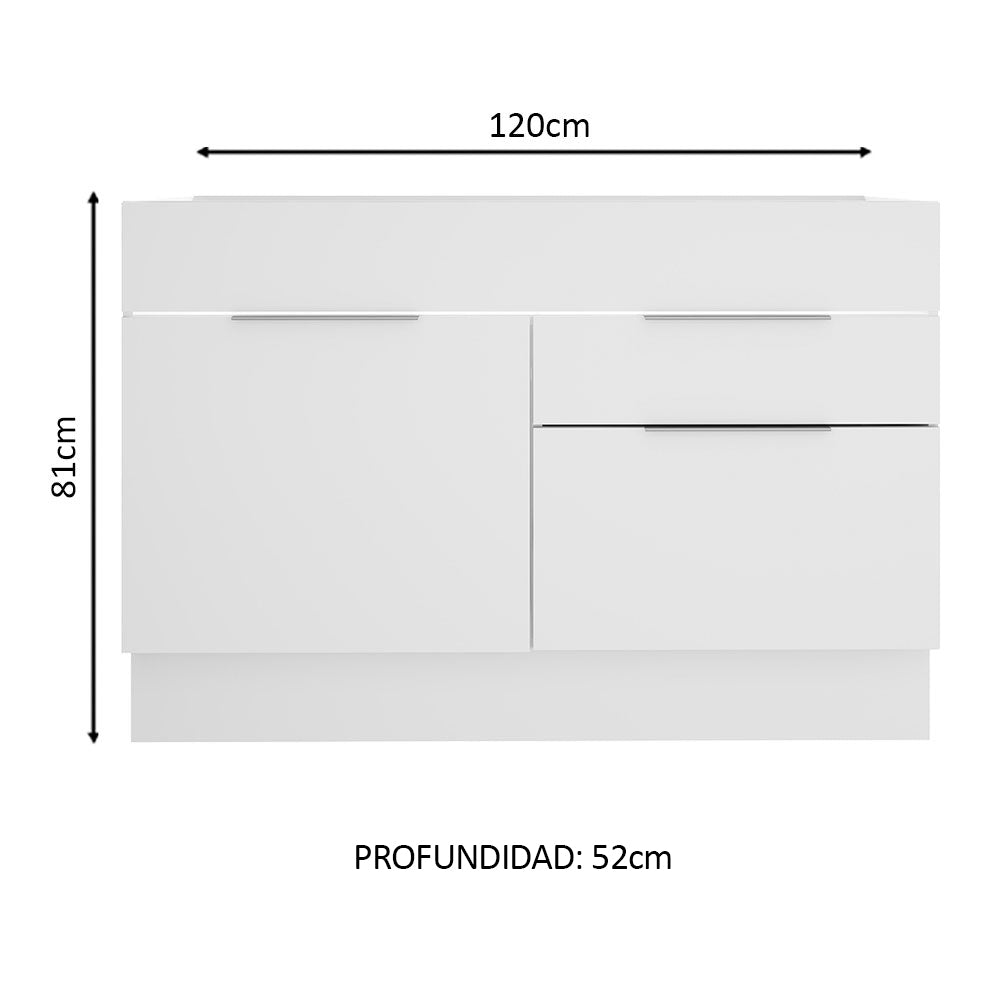 Bajo Mesada para Bacha 120 cm 1 Puerta e 2 Cajones (Sin Mesada y Bacha) Blanco Stella Madesa