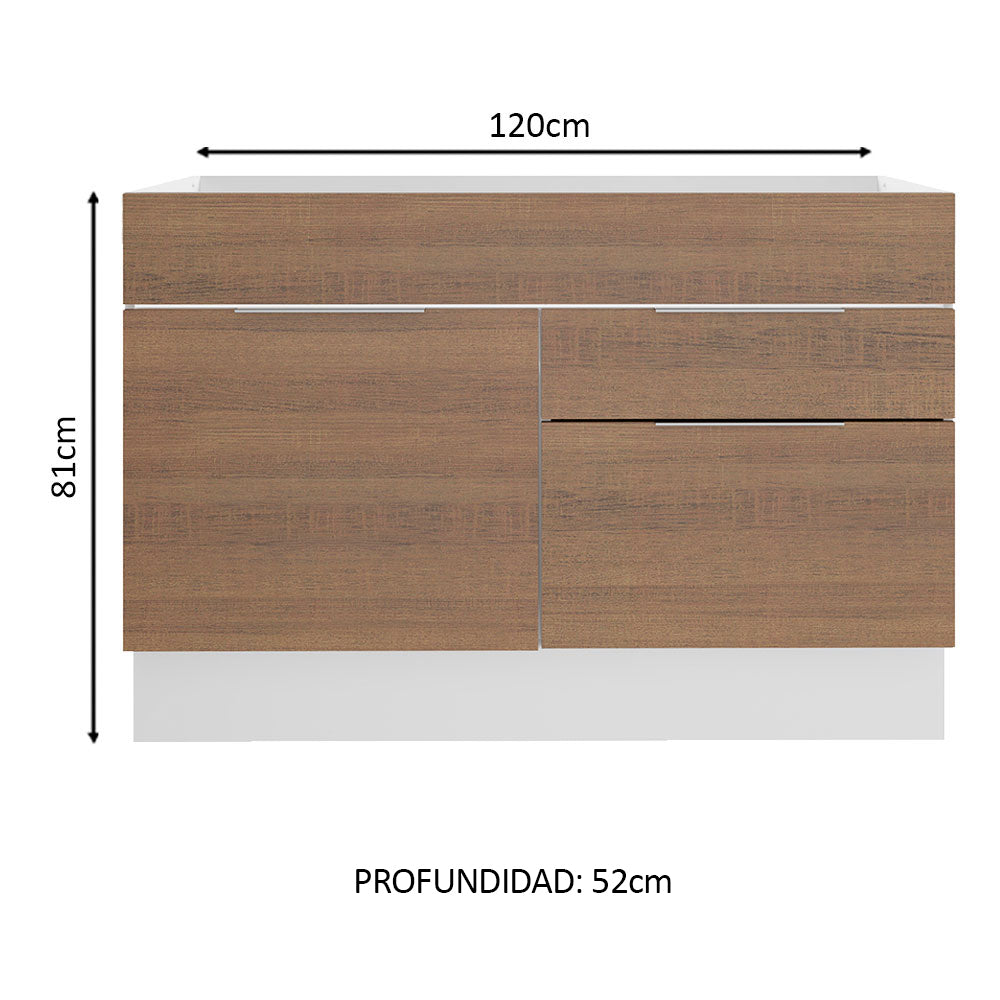 Bajo Mesada para Bacha 120 cm 1 Puerta e 2 Cajones (Sin Mesada y Bacha) Blanco/Marrón Stella Madesa