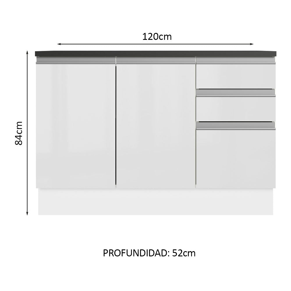 Bajo Mesada Cocina 100% MDF 120 cm 3 Puertas e 2 Cajones Blanco Acordes Madesa