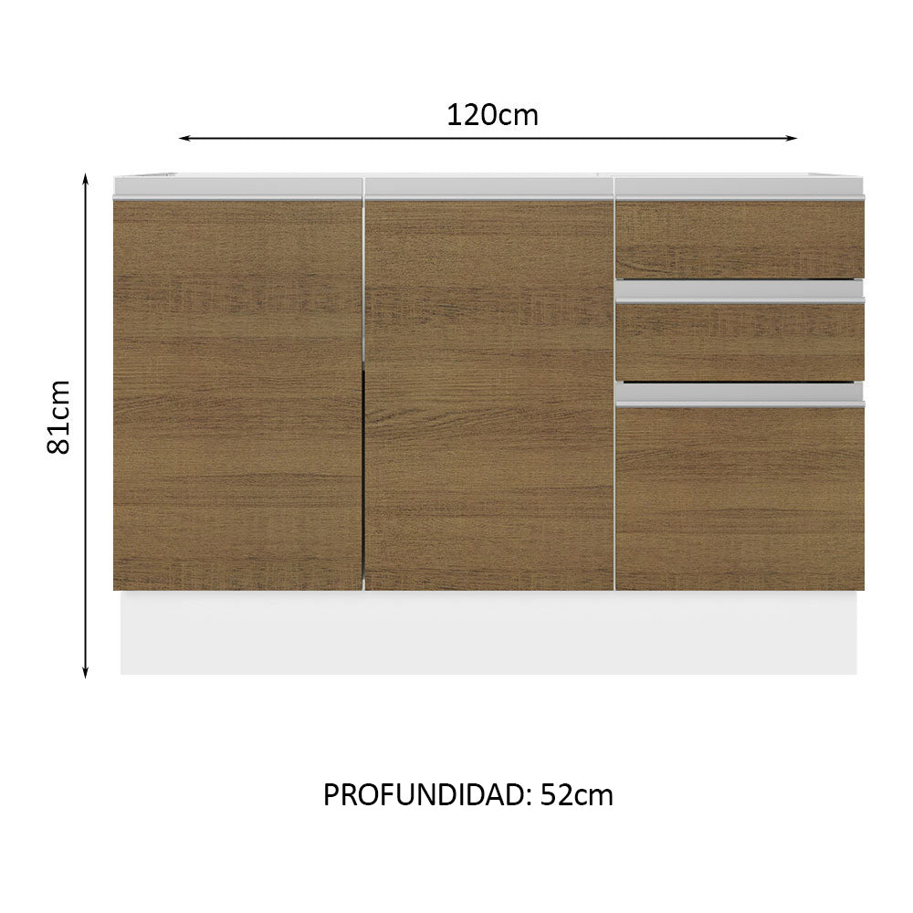 Bajo Mesada para Bacha 100% MDF 120 cm 3 Puertas e 2 Cajones Blanco/Marrón Acordes Madesa