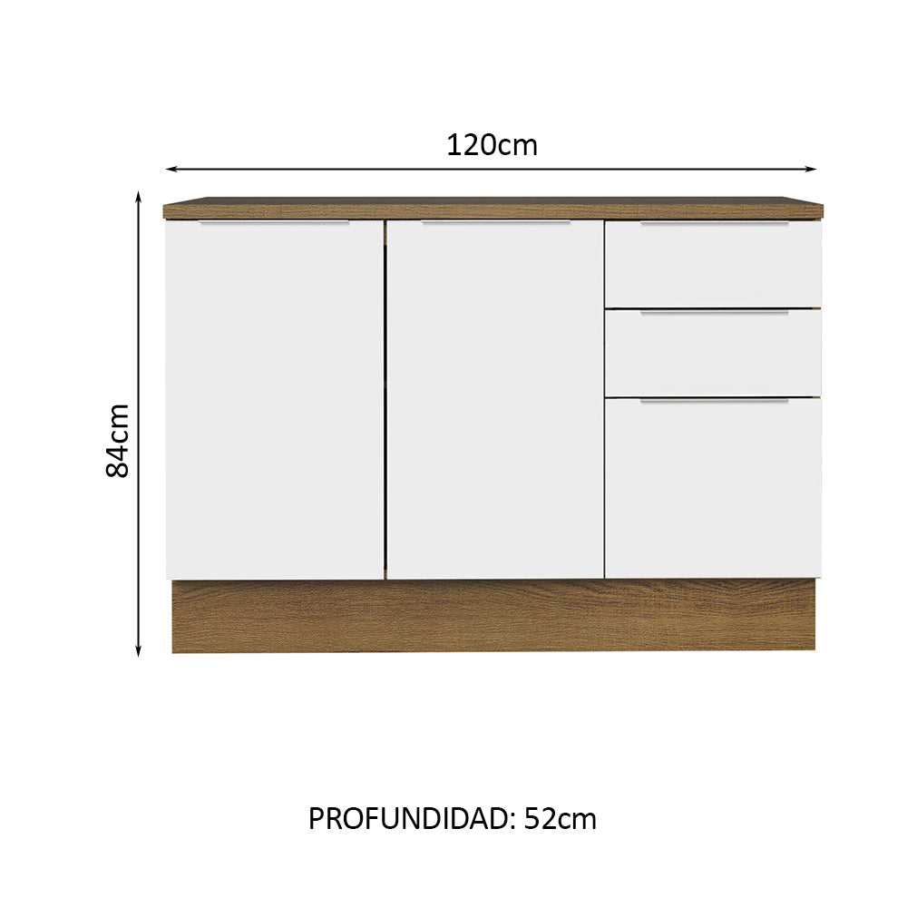 Bajo Mesada Cocina 120 cm 3 Cajones 2 Puertas (Con Mesada) Marrón/Blanco Stella Madesa