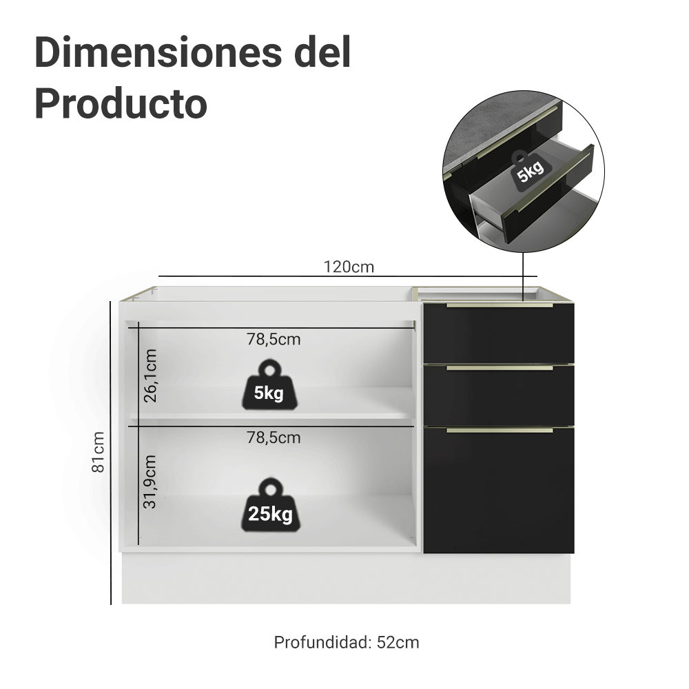 Bajo Mesada para Bacha 120 cm 2 Puetas 3 Cajones (Sin Mesada y Bacha) Blanco/Negro Lux Madesa