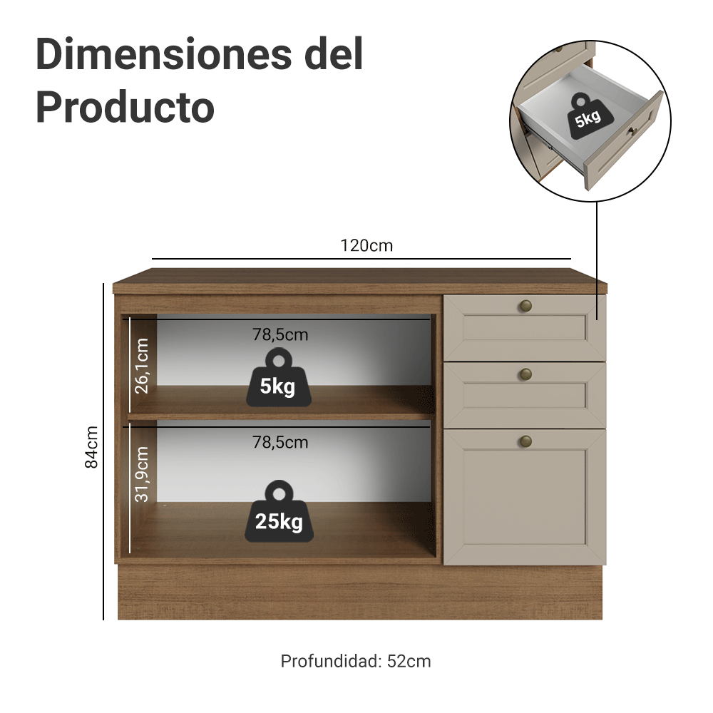 Bajo Mesada Cocina 120 cm 2 Puetas 3 Cajones (Con Mesada) Marrón/Crema Vik Madesa